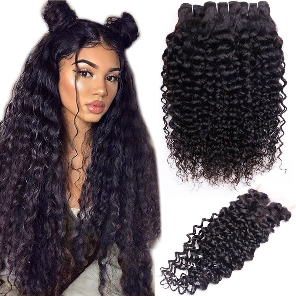 3 Bundles Water Wave Bundles with Closure (26 28 30+20inch,Middle Part) RESACA 10A Grade Brazilian Human Hair Bundles with Closure Wet and Wavy Human Hair Extension