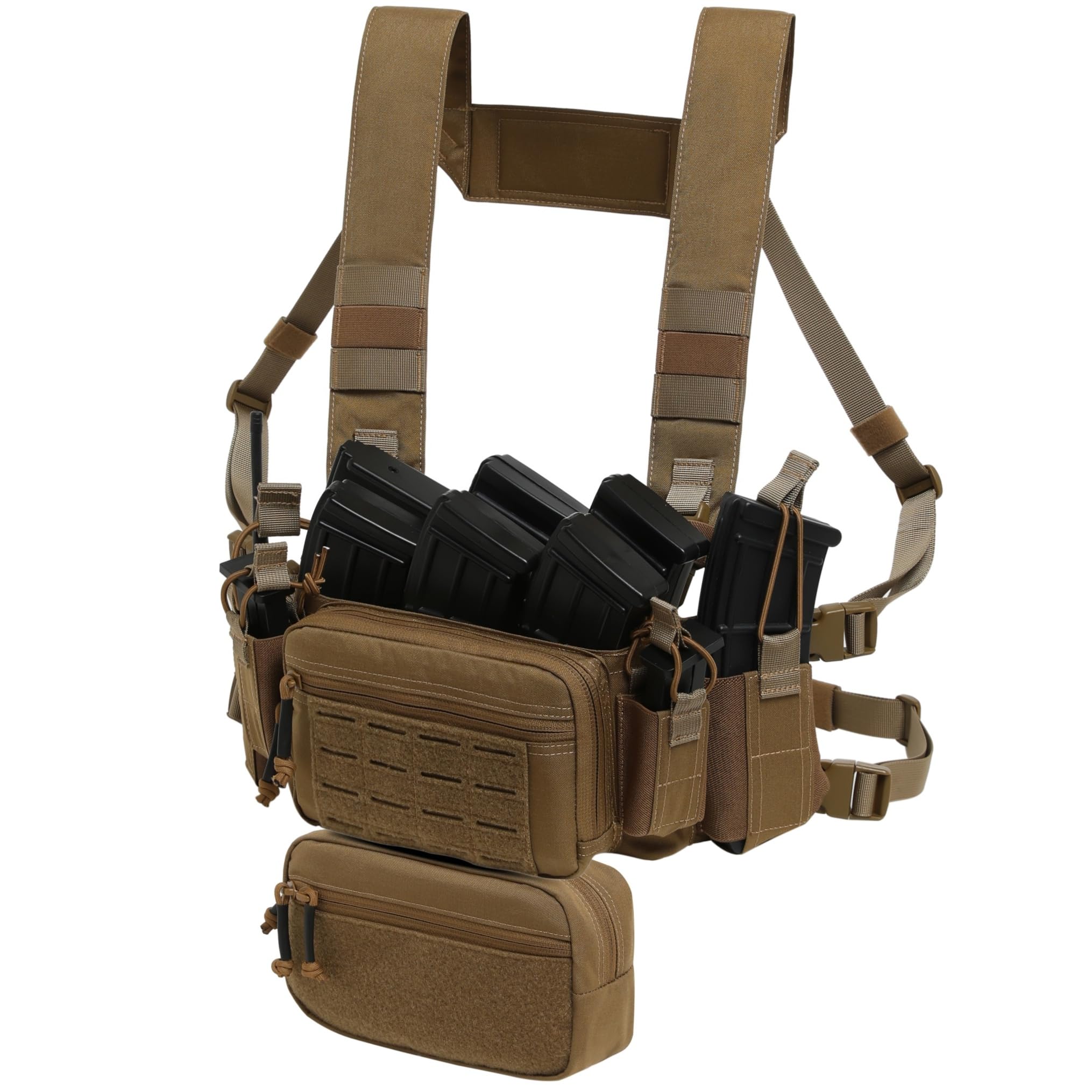 Photo 1 of Dotacty Compact Chest Rig with 5.56 & Pistol Magazine Pouch Elastic Radio/Flashlight Holder Tactical Dangler Pouch (Coyote Brown)