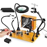 Magnetic Helping Hands Soldering Third Hand with 3X & 6X LED Magnifying Lamp, Hot Air Gun Holder,12V Solder Fume Extractor, E