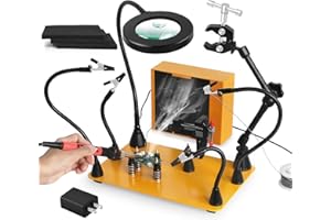 NOEVSBIG Magnetic Helping Hands Soldering Third Hand with 3X & 6X LED Magnifying Lamp, Hot Air Gun Holder,12V Solder Fume Extractor, Extra Large & Heavy Duty Base, Four Arms Solder Station for Soldering PCB