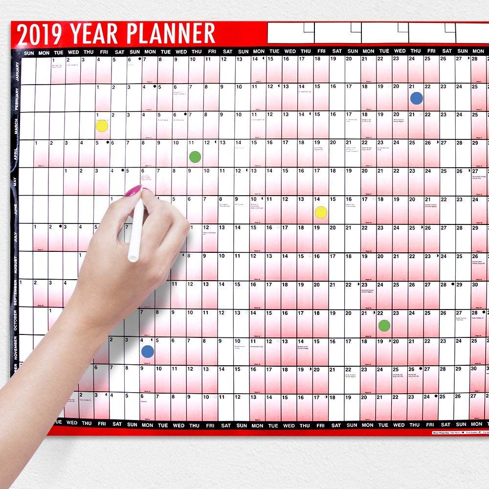 Brand New A1 Laminated 2019 Wall Planner Calendar With Wipe Dry Pen and