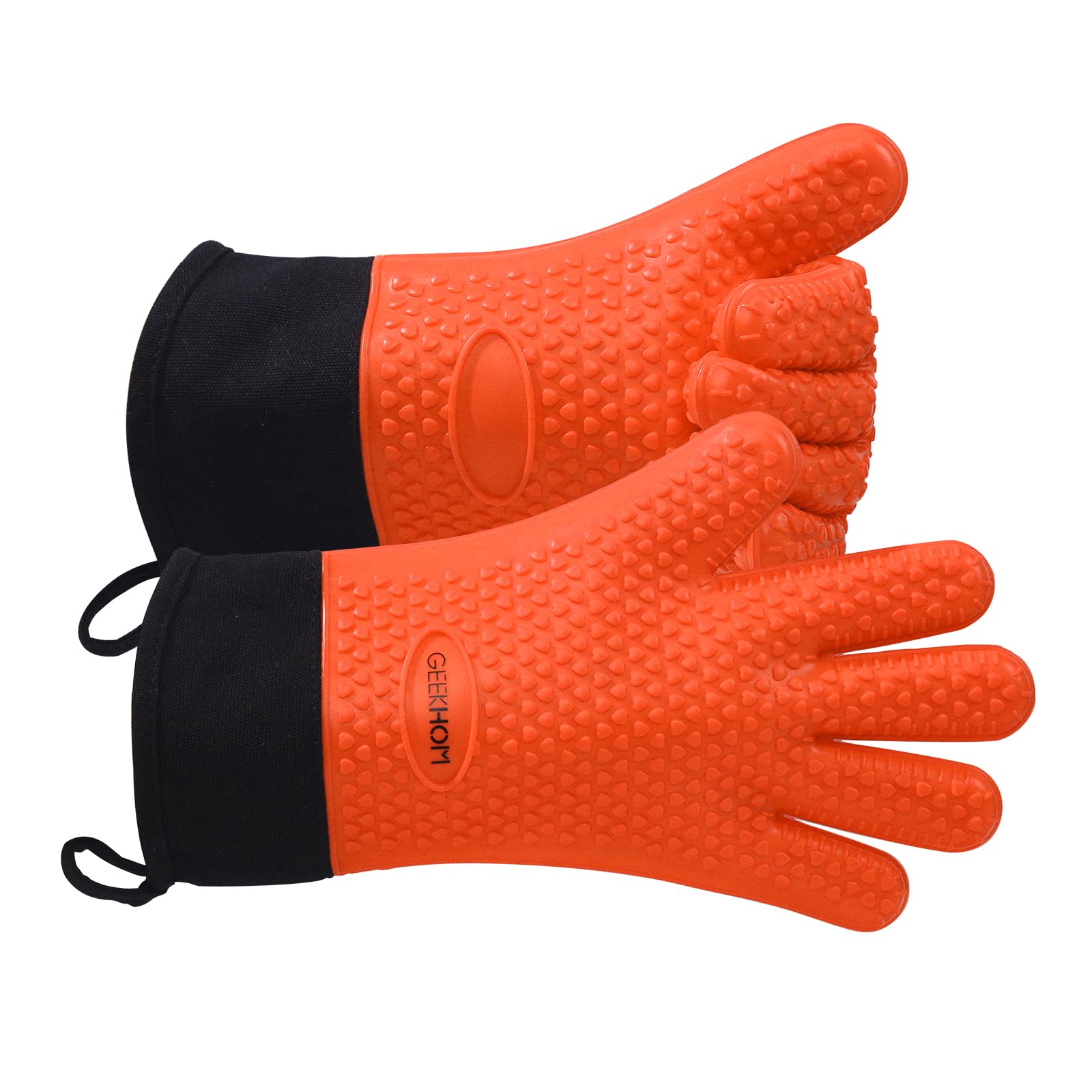 GEEKHOM Silicone Oven Gloves Heat Resistant Silicone Oven Mitts BBQ Gloves Waterproof Kitchen Gloves for Barbecue Grilling Weber Microwave, Non-Slip Oven Gloves with Fingers, Orange