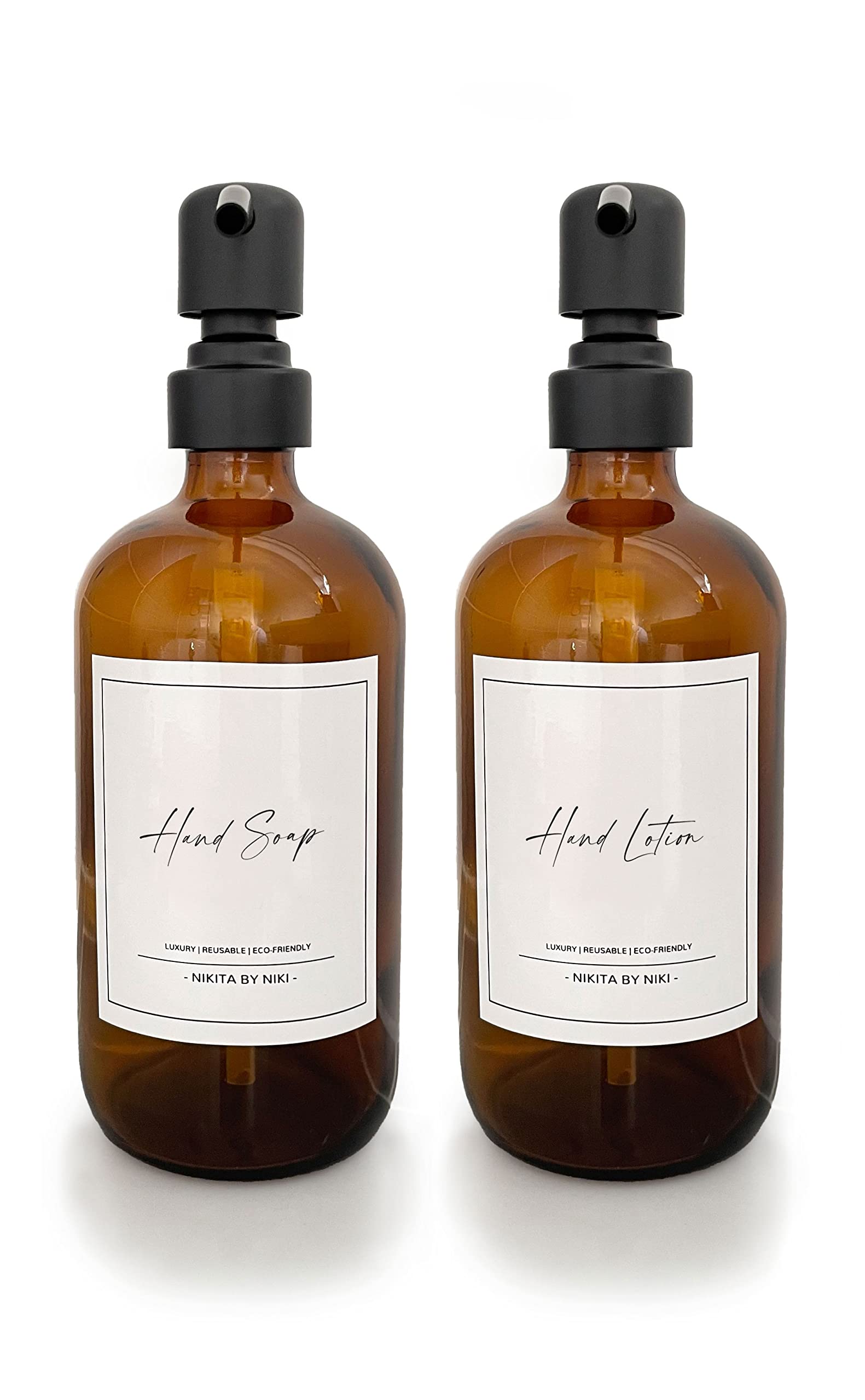 Amber Glass Soap Dispensers - Silver Stainless Steel Pump - Hand Wash and Hand Lotion Dispenser Set - Hand Wash and Hand Cream Dispenser Set - Kitchen or Bathroom - 500ml - Waterproof Labels