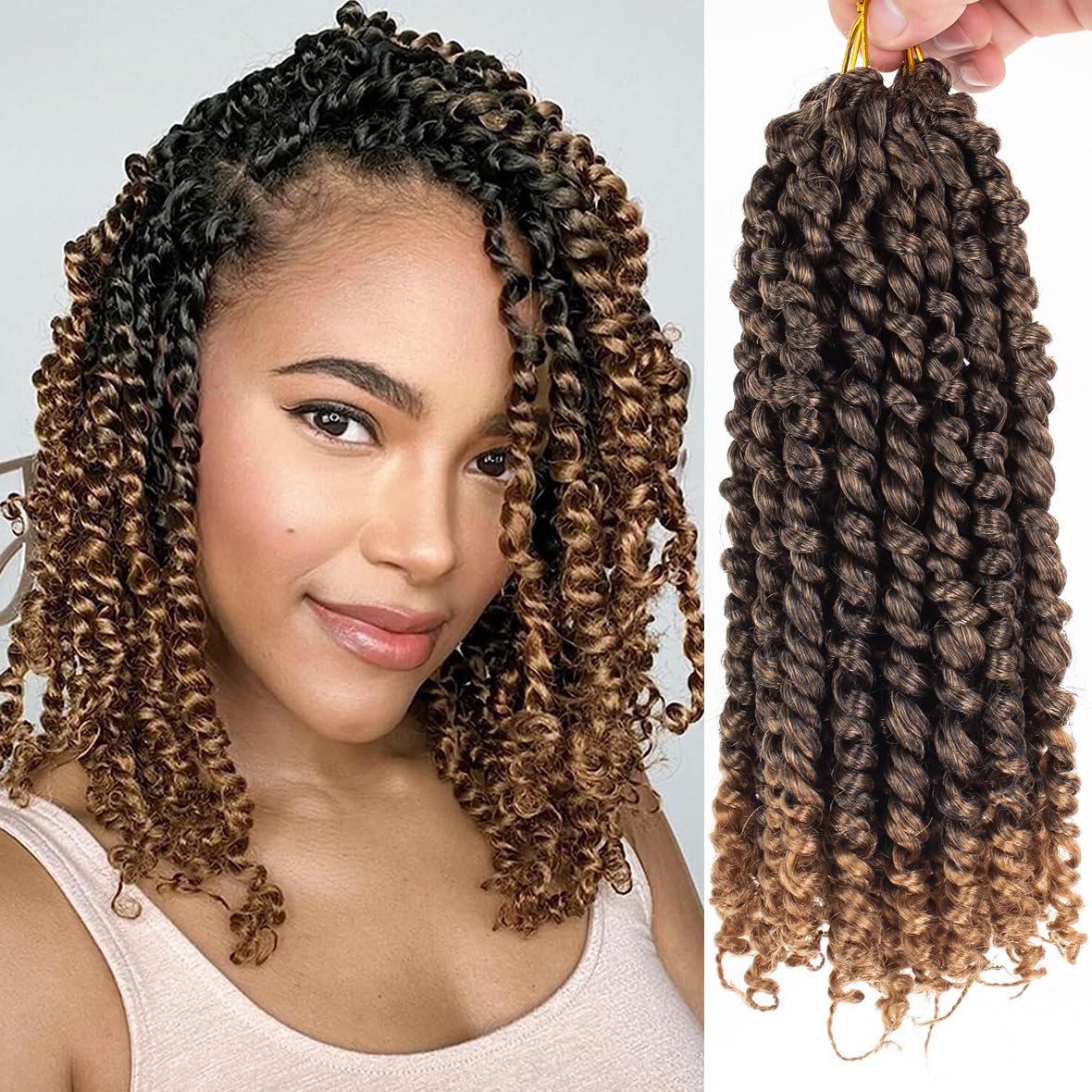 Leeven 10 Inch Passion Twist Crochet Hair Ombre Brown Pre Twisted Water Wave Crochet Hair 8 Packs Pre-looped Crochet Braiding Hair Extensions T27# — image 1