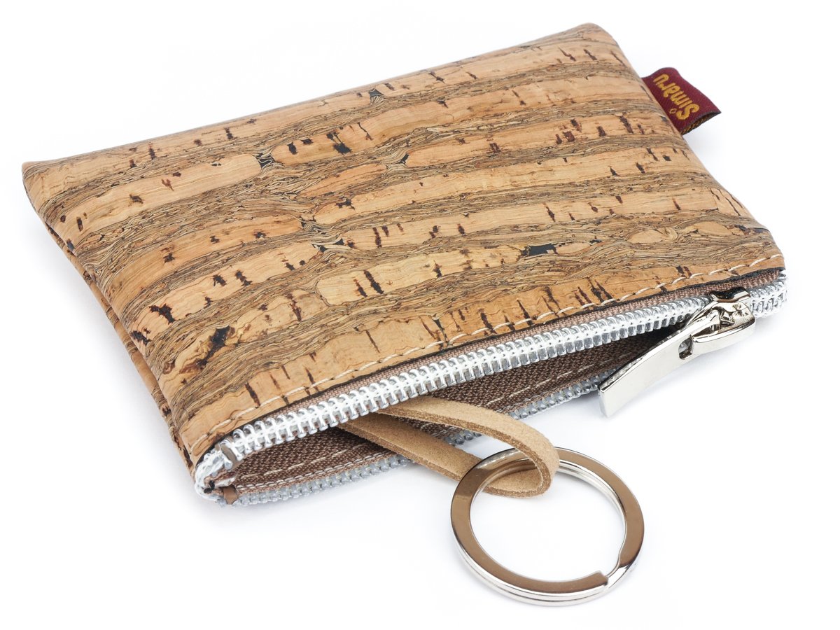 SIMARU Vegan Coin Pouch Keyring, Slim Zip Key Pouch with Card Holder Compartment (Brown)