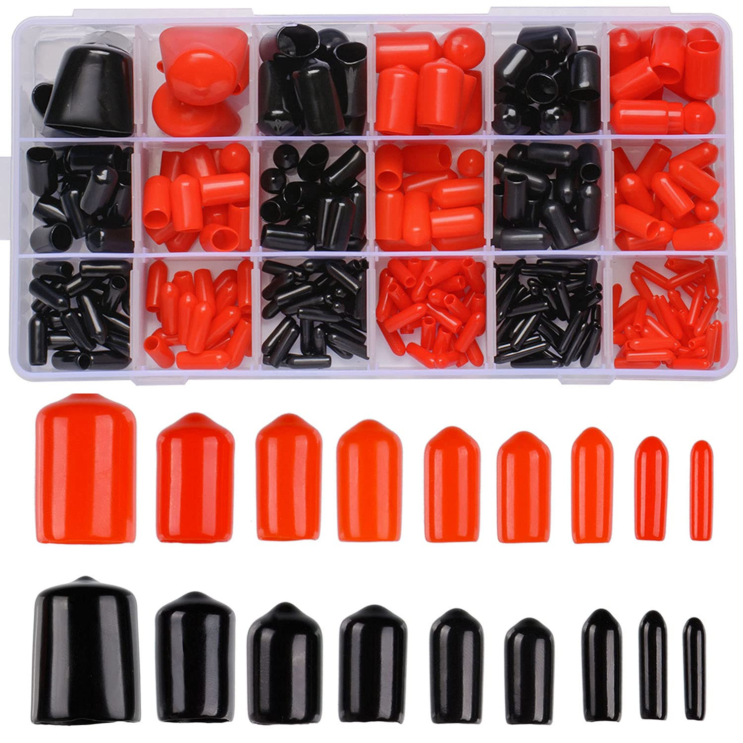 300PCS Black and Red Vinyl Round End Cap Cover Kit, Black and Red Vinyl Flexible End Caps Safety Cover in 9 Sizes for Form 0.08 to 0.8 Inch