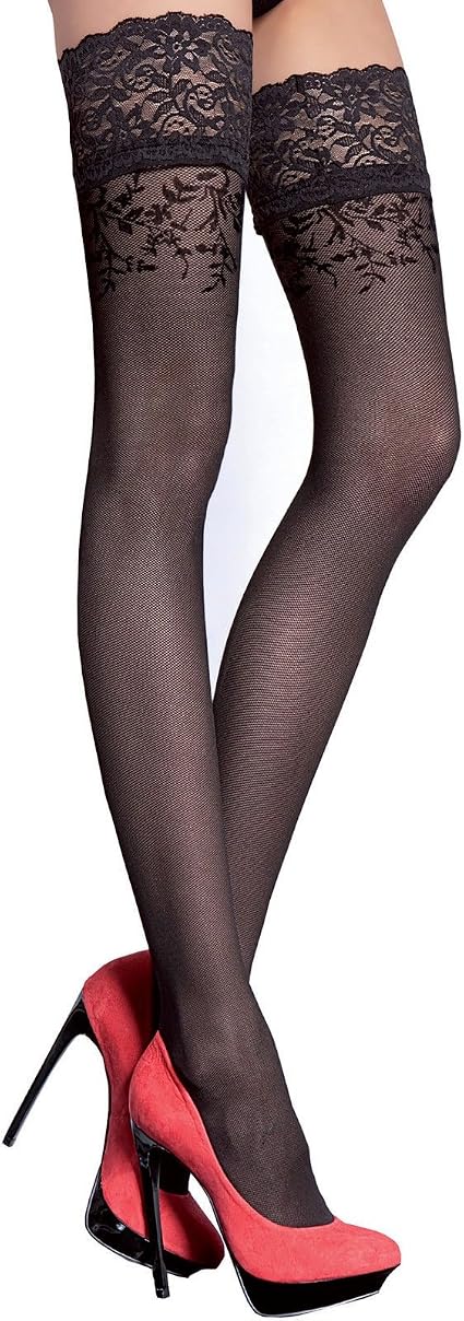 Normani Overknee-Strümpfe Für Damen – Schwarz, Gestreift, Ohne Halter, Mit Handgekettelter Spitze, Größe 36-41