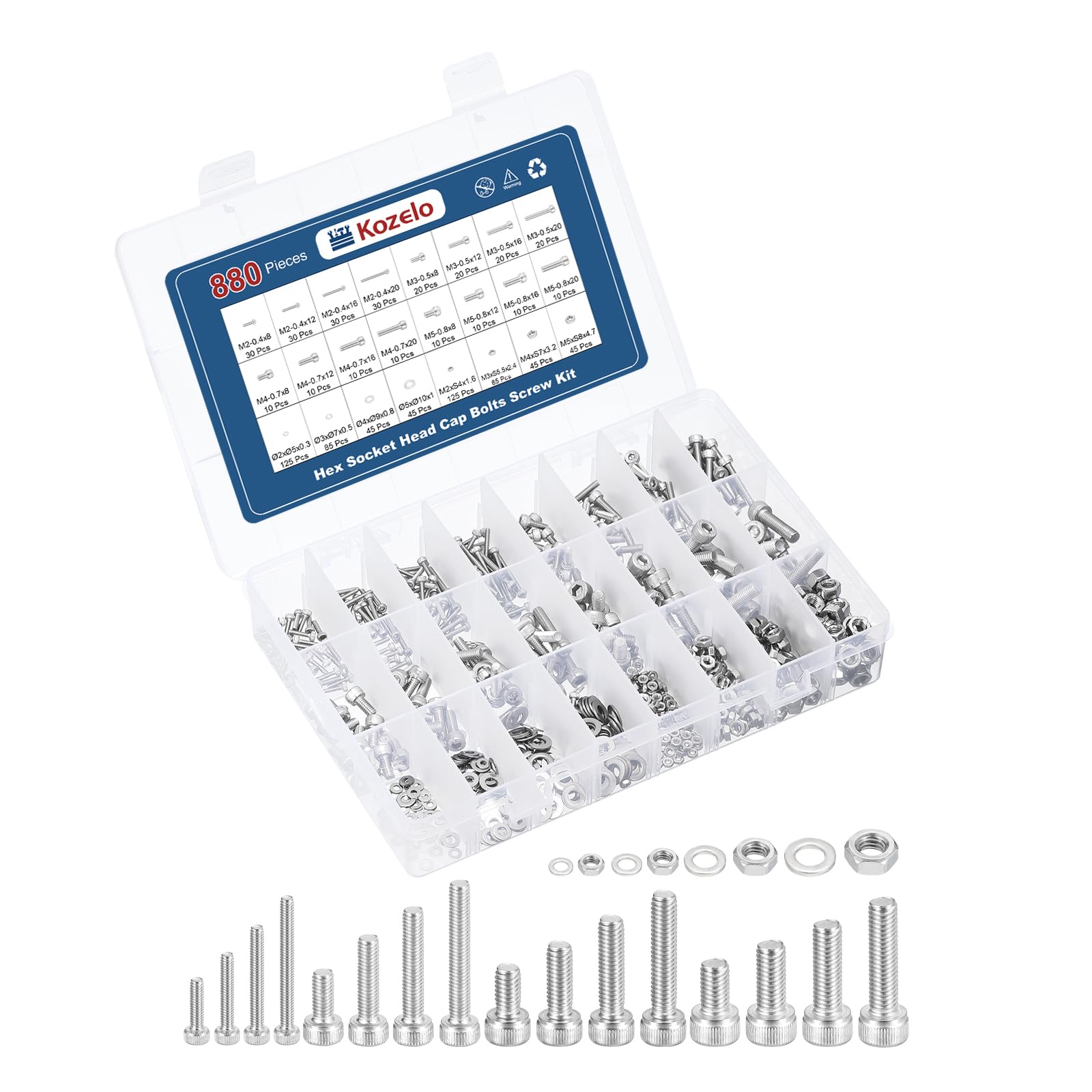 Kozelo 880pcs Socket Head Cap Screws Bolts Nuts Assortment Kit - [M2/M3/M4/M5] 304 Stainless Steel Allen Socket Drive for 3D Printer