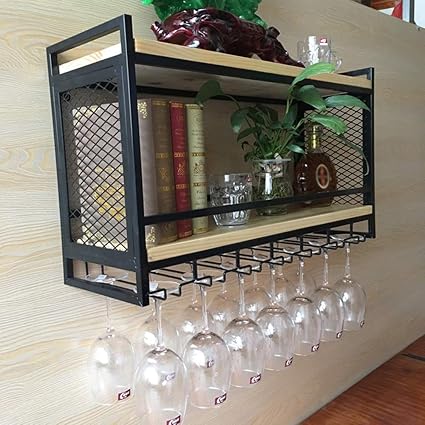 INDIAN DECOR. 45515 Double Layer Wall-Mounted Shelf Hanging Cup Holder Wine Rack (L70xW22xH40 cm, Black)