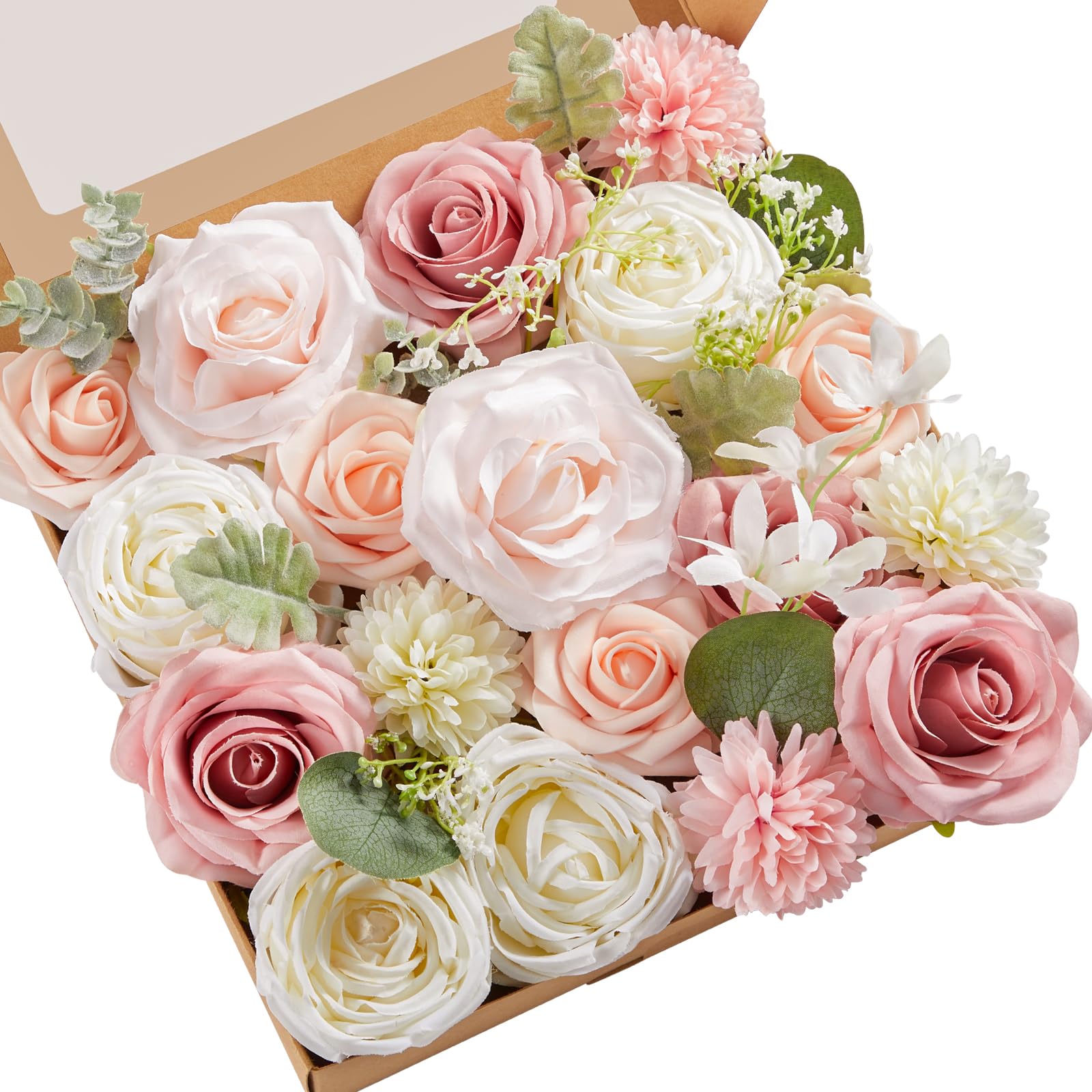 Photo 1 of Serwalin Artificial Flowers Fake Silk Flowers for DIY Wedding Bouquets Cake Decoration Mixed Roses Combo Blush Pink and White Flower Centerpieces Arrangements for Party Table Chair Decor