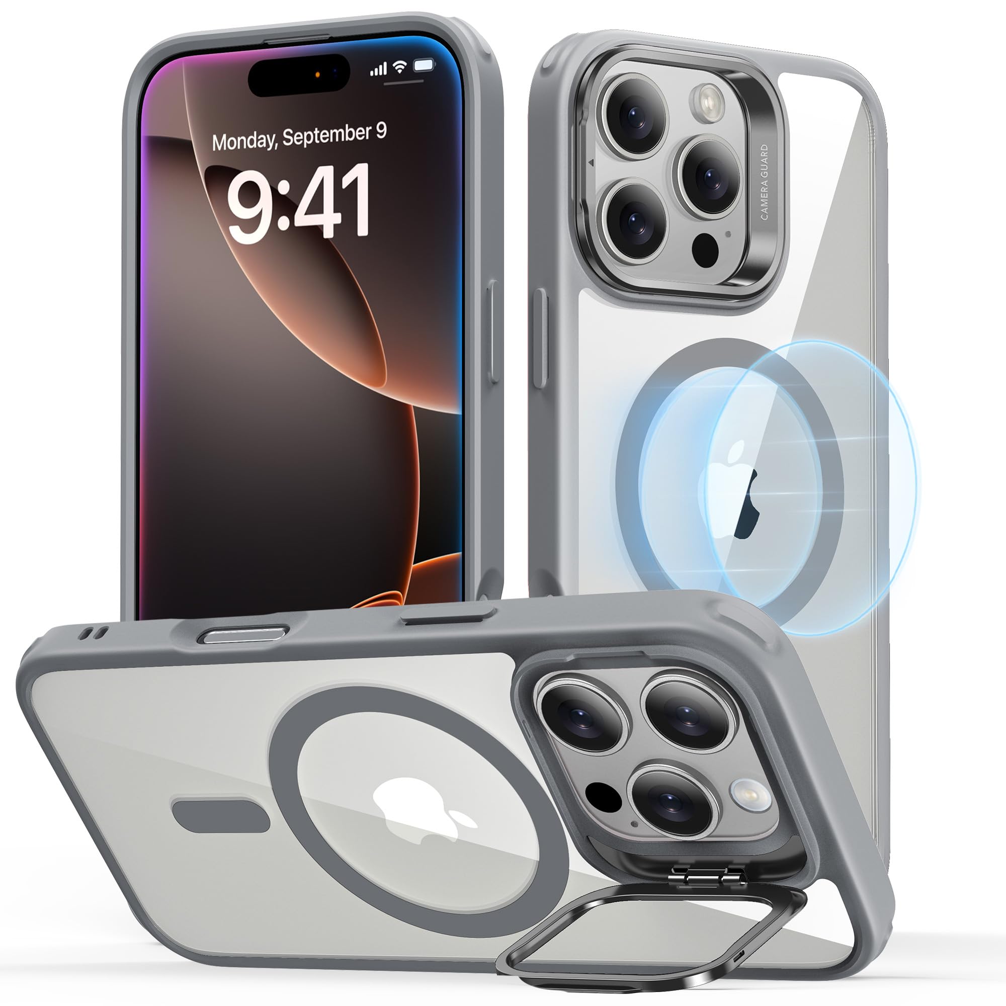 Photo 1 of ESR for iPhone 16 Pro Case, Compatible with MagSafe, Military-Grade Protective Case, Built-in Stash Stand Phone Case, Scratch-Resistant Back Cover, Classic Series, Clear Grey