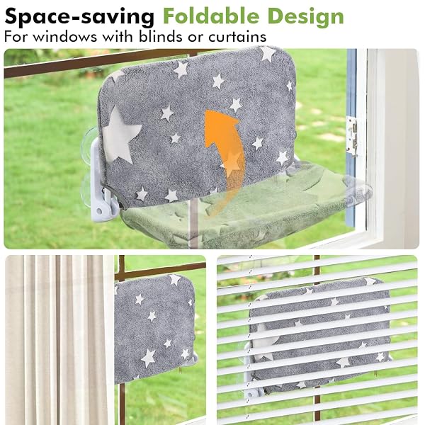 ZORATOO 2PC CAT WINDOW PERCH, GLOW IN THE DARK CORDLESS FOLDABLE PET HAMMOCK BED FOR WINDOW WITH STURDY METAL FRAME, GLOWING STARS PATTERN RESTING SEAT FOR INDOOR CATS (2PC STARS – L)