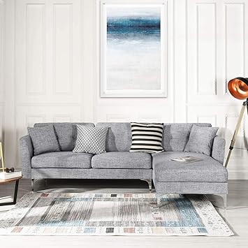 Grey Upholstered Linen Sectional Sofa Couch Modern L Shape