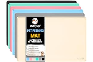 MateeyLife Dog & Cat Food Mat for Floors Waterproof, Nonslip Dog Bowl Mats for Food and Water, Dog Feeding Mats with Raised Edges, Silicone Cat & Dog Water Matt Tray for Messy Drinkers, 18"x12", Beige