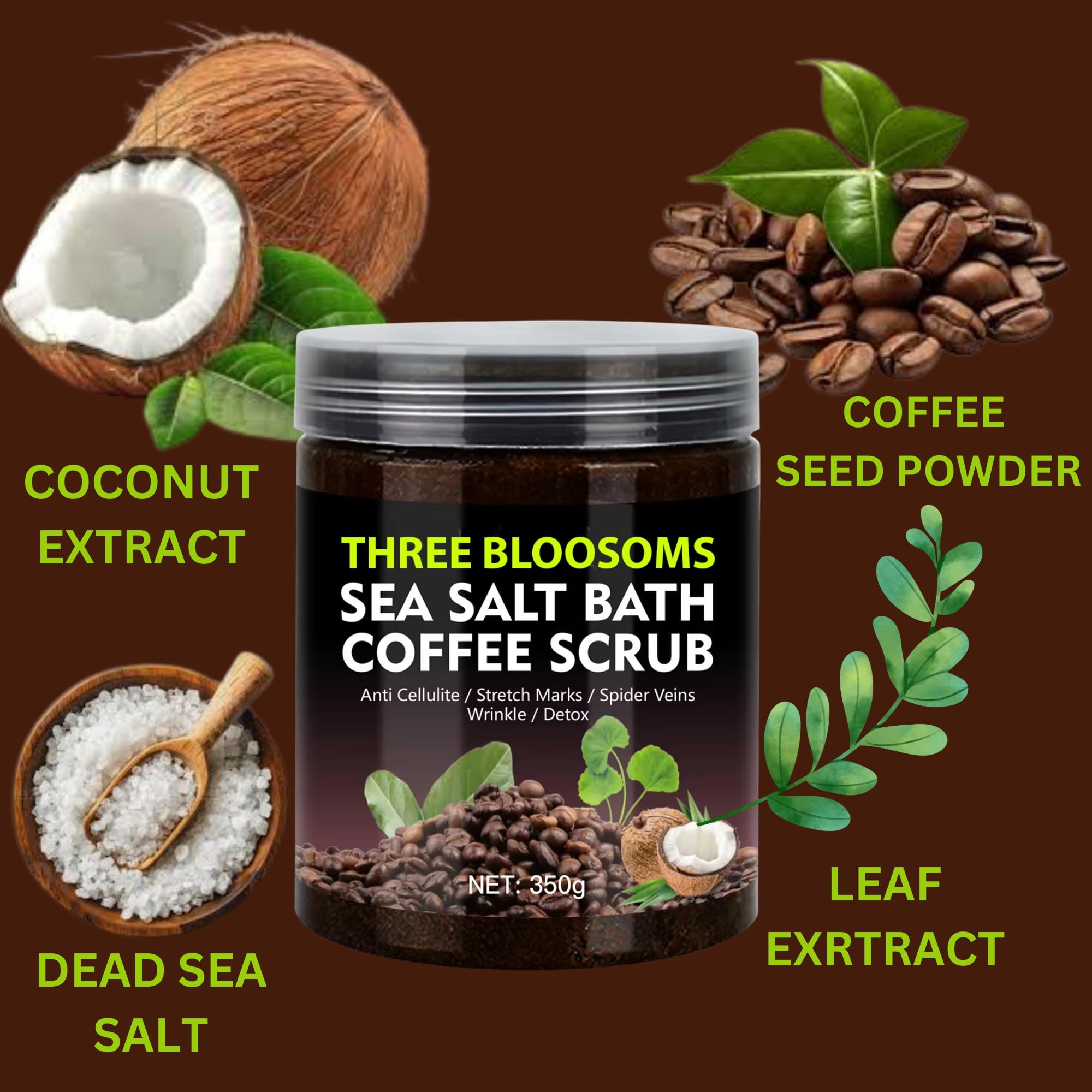 Coffee Scrub Body Exfoliator, 350g Anti Cellulite, Anti aging, Fights Stretch Marks, Wrinkles, Spider Vein Therapy for Men and Women, with Coffe-Seeds Sea Salt Coconut Oil (350g, Coffee Scrub)