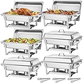 VEVOR Rectangle Chafing Dishes, 9 Qt 6 Pack Stainless Steel Chafing Dish, Food Warmer Chafer Complete Set with Hollow Handle, 3 Food Tongs, Lid, Holder, Chafer Dishes for Banquet Party Wedding