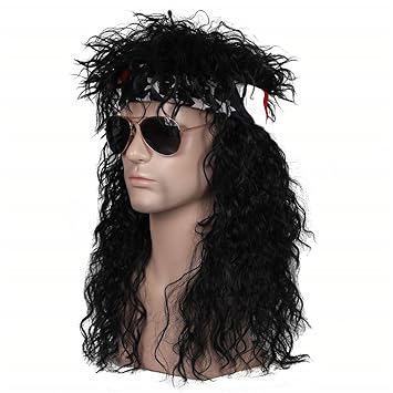 Fantalook 80s Long Curly Rocker Wig With Bandana For Men Amazon
