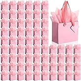 Qilery 50 Pcs St Patricks Paper Gift Bags Bulk with Tissue Paper Small Gift Bags with Handle and Tags for Birthday Wedding Mothers' Day Party Business(Pink,4.7 x 2.4 x 3.9'')