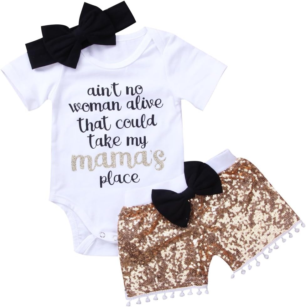 3Pcs/Set Newborn Infant Baby Girl Summer Outfit Funny Letters Print Romper Bodysuit+Sequins Shorts with Pompom+Headband