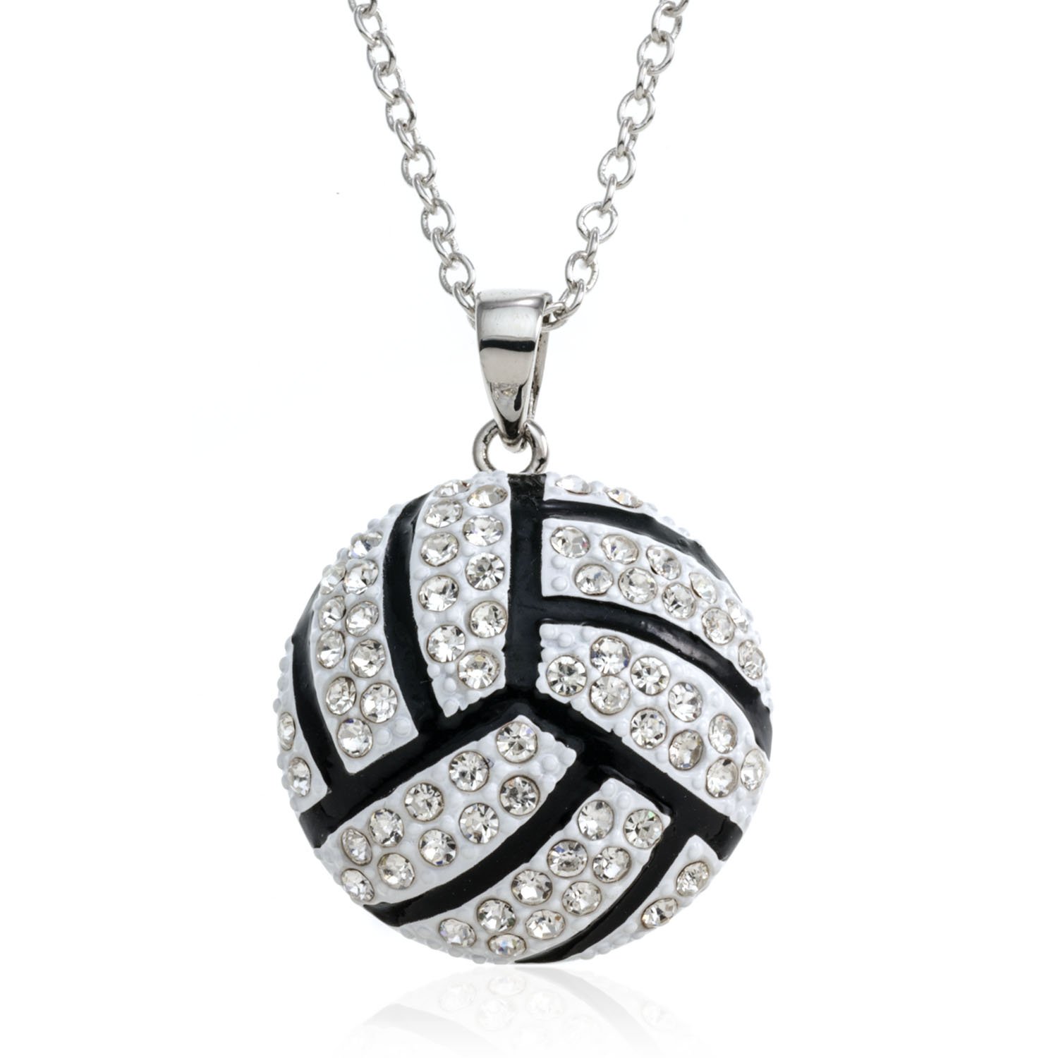 PammyJ Volleyball Jewelry Large White and Crystal Volleyball Pendant Necklace 18