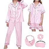 SEALINF 4 Pcs Silk Pajamas for Girls Kids Satin Pajamas Long Short Sleeve Long Pants Shorts Pjs Set with Sleep Mask