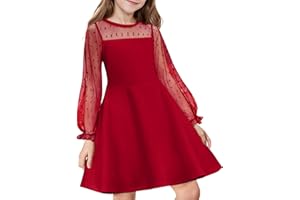 Flypigs Girl's Dress Sheer Mesh Puff Long Sleeve High Waist Party Dresses with Pockets for 6-13 Years