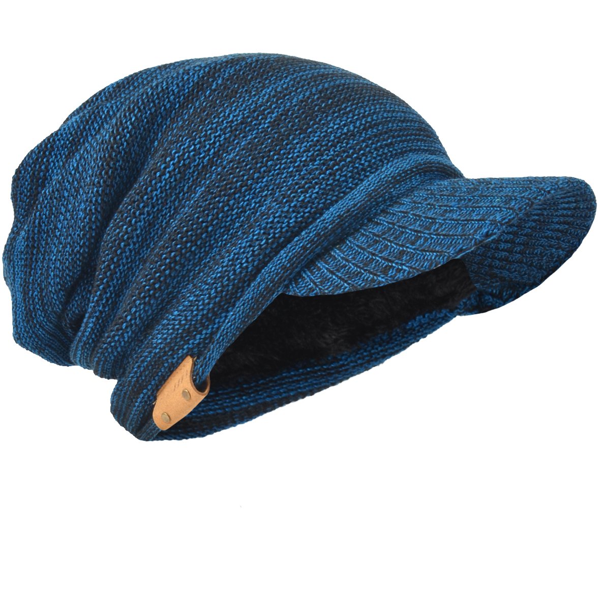 HISSHE Men's Thick Knit Newsboy Cap Visor Beanie Hat Fleece Lined Multicolor B319 (Blue-Black)(Size:L)
