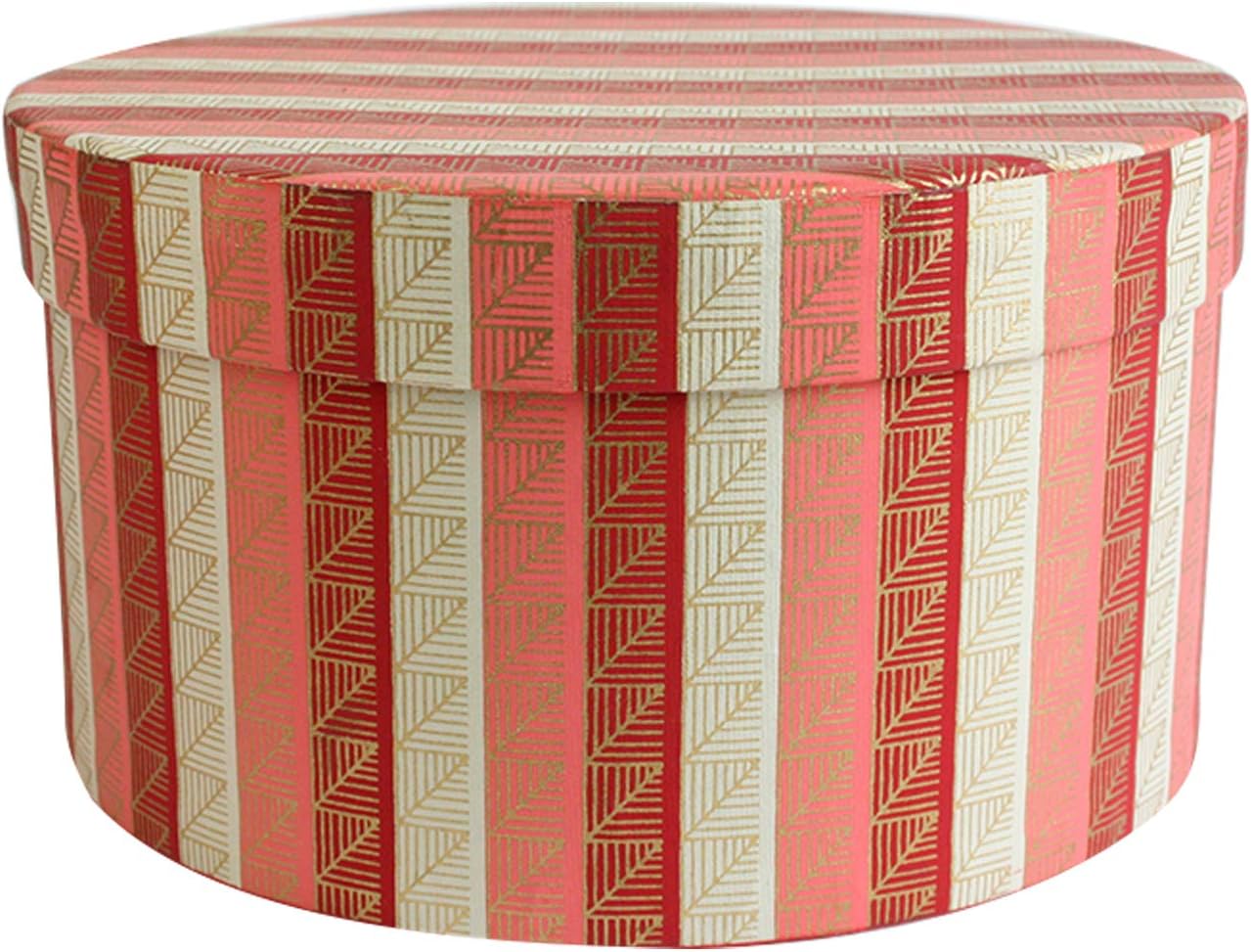 Emartbuy Round Handmade Cotton Paper Gift Box, Printed Red Pink Gold, 14 x 8.5 cm (5.5 x 3.3 in), Single Box - Printed Red Gold