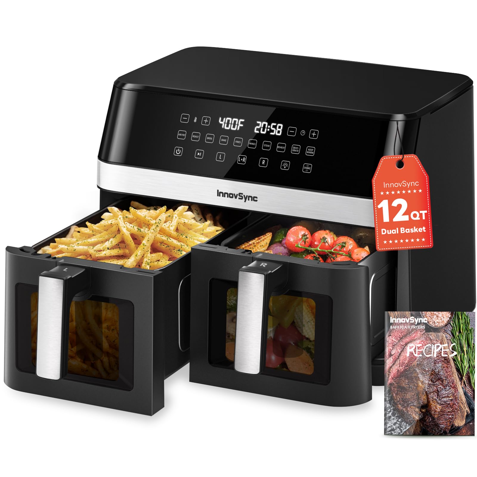 View 1 of 12QT Large Dual Air Fryer, 10-in-1 Double Zone Airfryer with 2×6QT Baskets, 60° Easy-Panel with Full Touchscreen, SyncCook Function, Viewing Window, Nonstick & Dishwasher Safe, Black