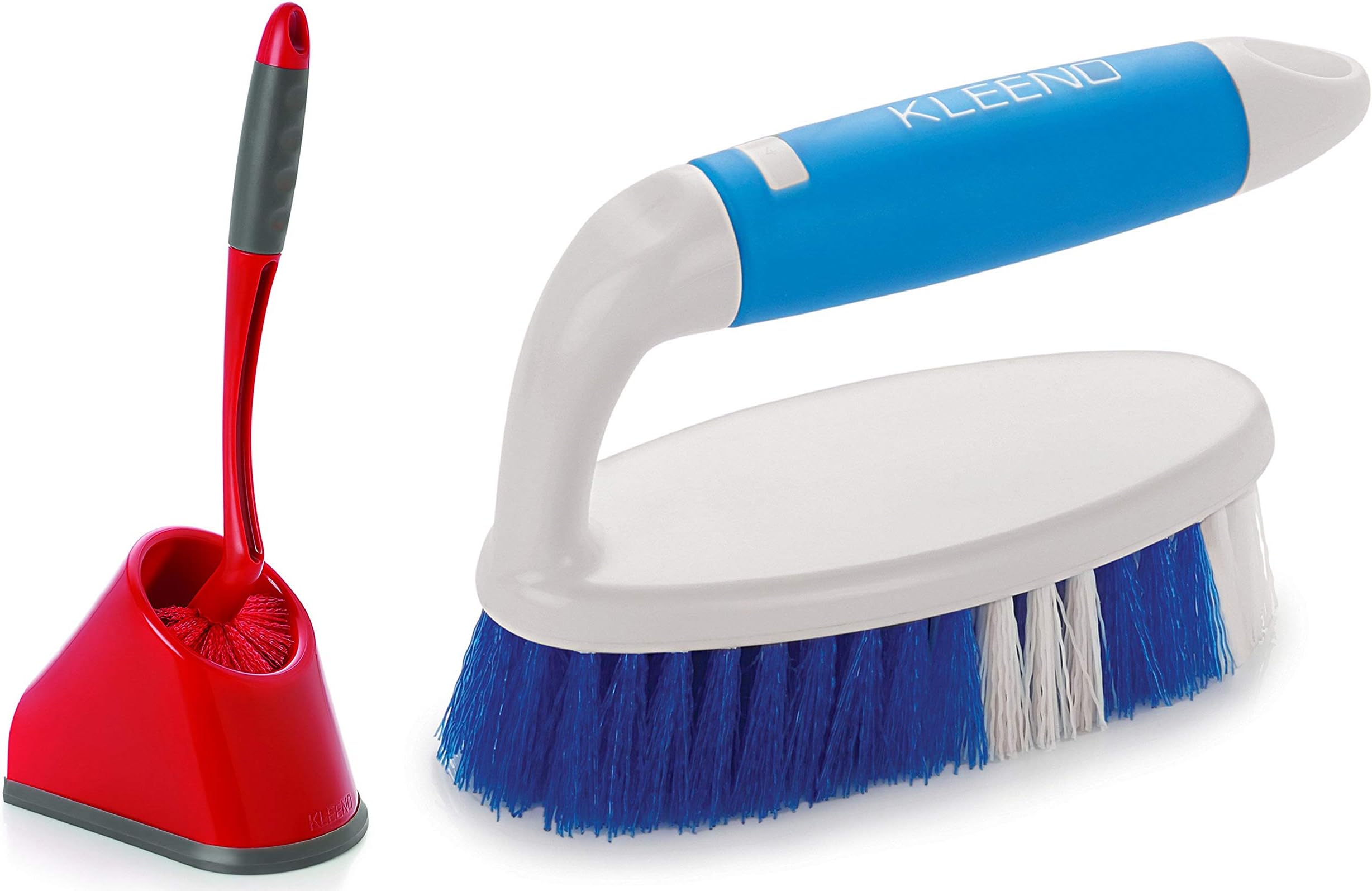 Cello Kleeno Angular Toilet Brush with Storage (Red and Grey) & Kleeno Tile Scrubber Plastic Brush, Blue and White Combo