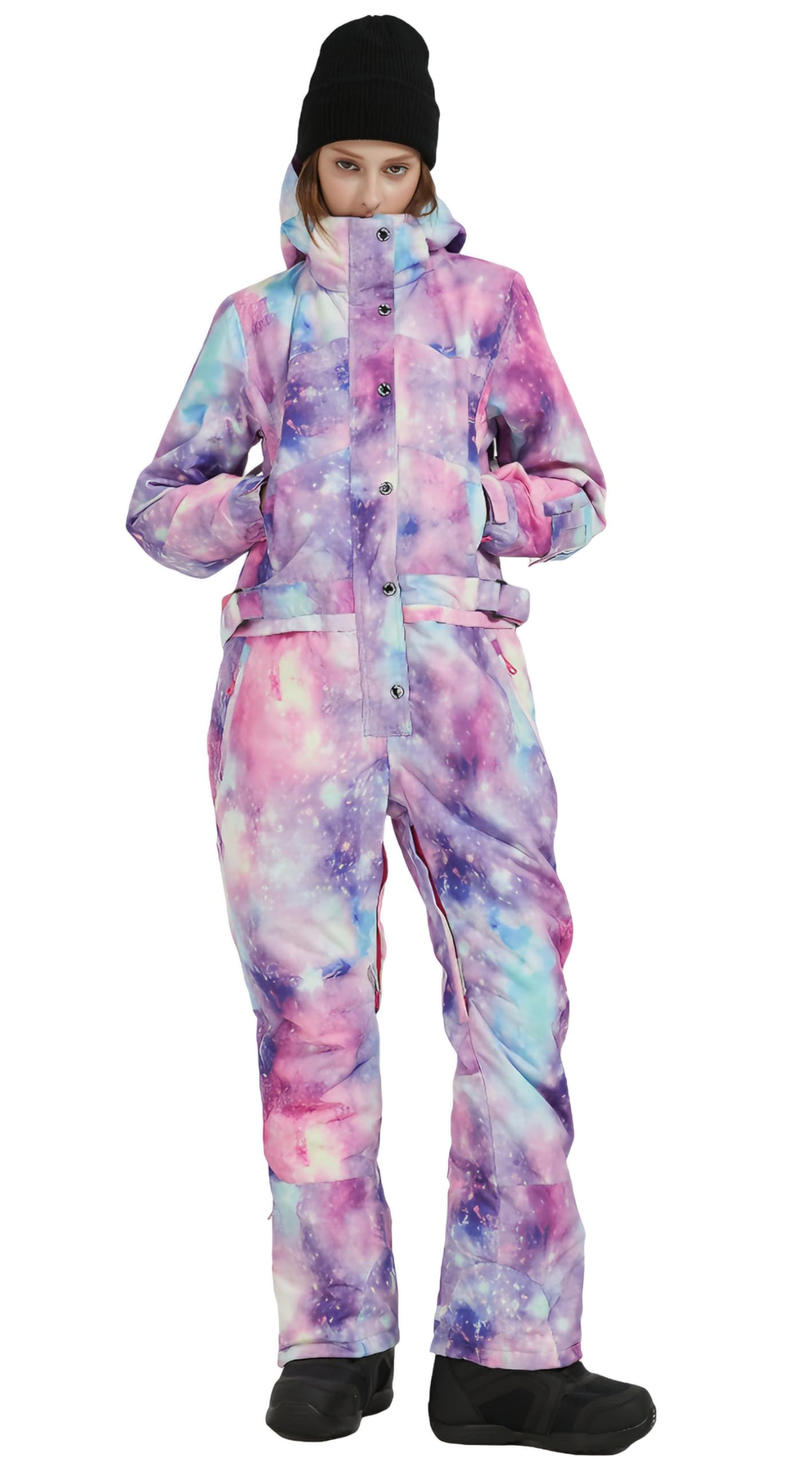 Photo 1 of SNBOCON Womens One Piece Ski Suit Colorful Jumpsuits Snowboard Snowsuits Winter Outdoor Waterproof Hooded Jackets for Snow Sports(XL,PPL)