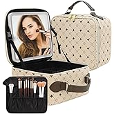 Travel Makeup Bag With 360° rotating LED Mirror,Waterproof cosmetic organizer,Portability Cosmetic case,Makeup organizer,Gift for Women,Girls Gift (Beige + Brown)