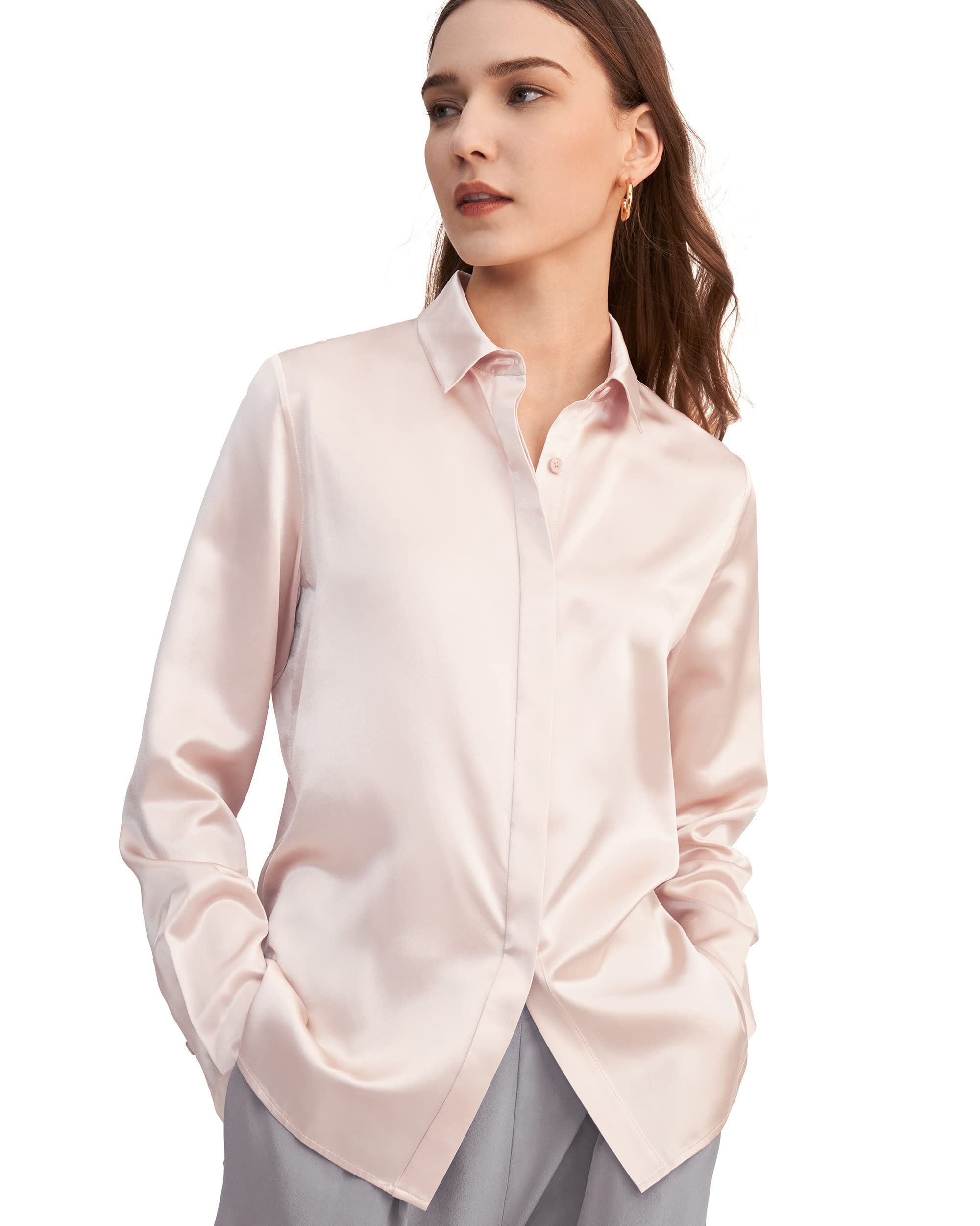 Photo 1 of LilySilk Women's 100% Silk Blouse Button Up Lady Shirt 22 Momme Work Silk Top (Light Beige, Small)