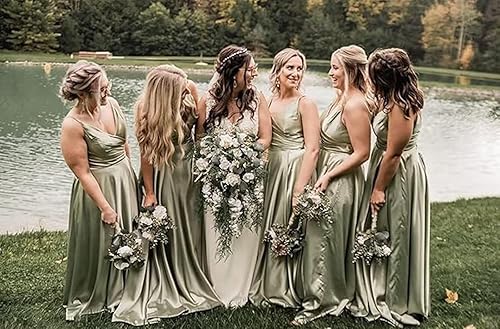Lindo Novia Dusty Green Satin Bridesmaid Dresses for Wedding