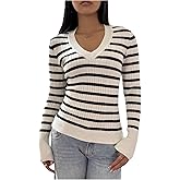 MakeMeChic Women's Striped Sweater Long Sleeve V Neck Rib Knit Cozy Pullovers Tops