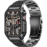 MioHHR Stainless Steel Band and Case Compatible with Apple Watch Band 44mm 42mm (Series 3/2/1), Men Metal Protective Bumper Cover for iWatch Series 6/5/4/3/2/1/SE/SE2/SE3, Black Pattern