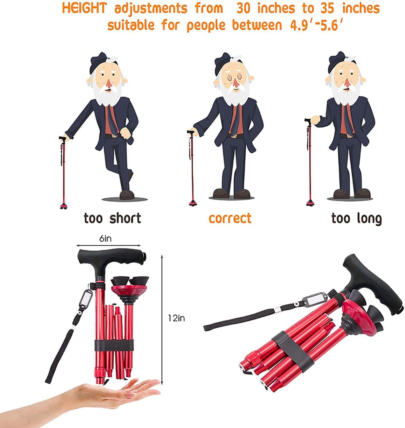 BigAlex Folding Walking Cane with LED Light,Pivoting Quad Base,Adjustable Walking Stick with Carrying Bag for Man/Woman （4.9'-5.6' Red ）: Health & Personal Care