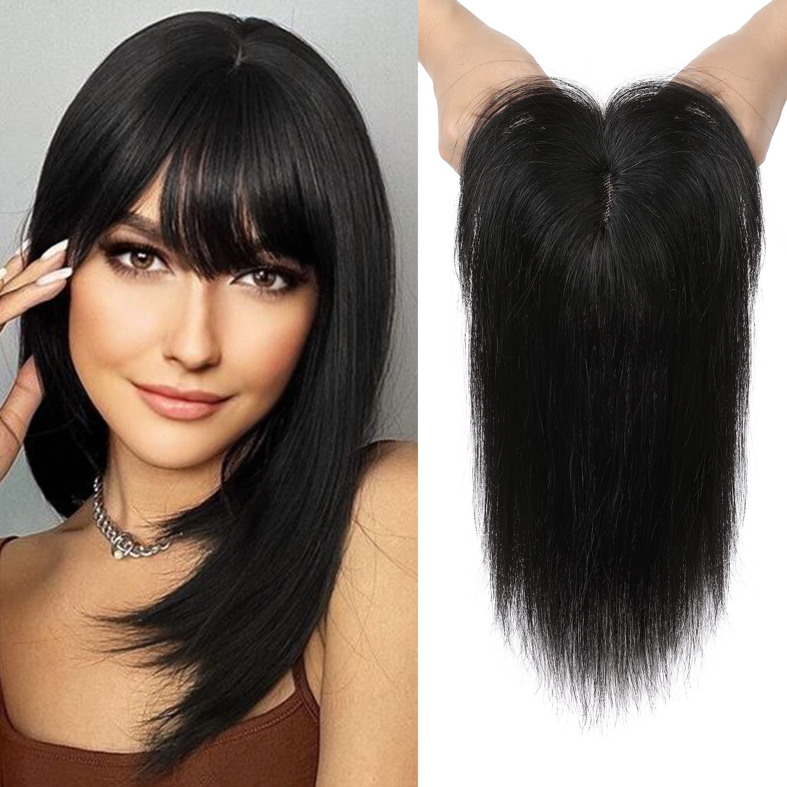 Photo 1 of REECHO Hair Toppers for Women Real Human Hair, 10 inch Hair Toppers with Bangs, Hair Topper for Women with Thinning Hair, Natural Black