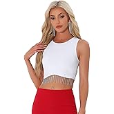 Allegra K Sparkly Fringe Rhinestone Tops for Women Sleeveless Raceback Crop Tank Tops with Glitter Tassel