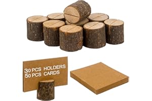 LepoHome Wood Place Card Holders, 30Pcs Rustic Wooden Table Number Holders and 50Pcs Kraft Place Cards, Wood Photo Picture Holder for Wedding Party Table Name and More