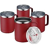 MEWAY 12oz Coffee Mug With Handle 4 Pack Bulk,Stainless Steel Insulated Travel Tumblers With Sliding Lid,Double Wall Vacuum Camping Cup for Hot & Cold Drinks Tea (Red,Set of 4)
