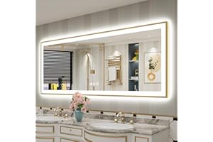 AWANDEE 84x32 Gold Framed LED Bathroom Mirror with Lights, Backlit & Front Lit, Anti-Fog Metal Frame Lighted Vanity Mirror for Bathroom Wall, 3 Colors, Dimmable, Memory, Shatter-Proof Tempered Glass