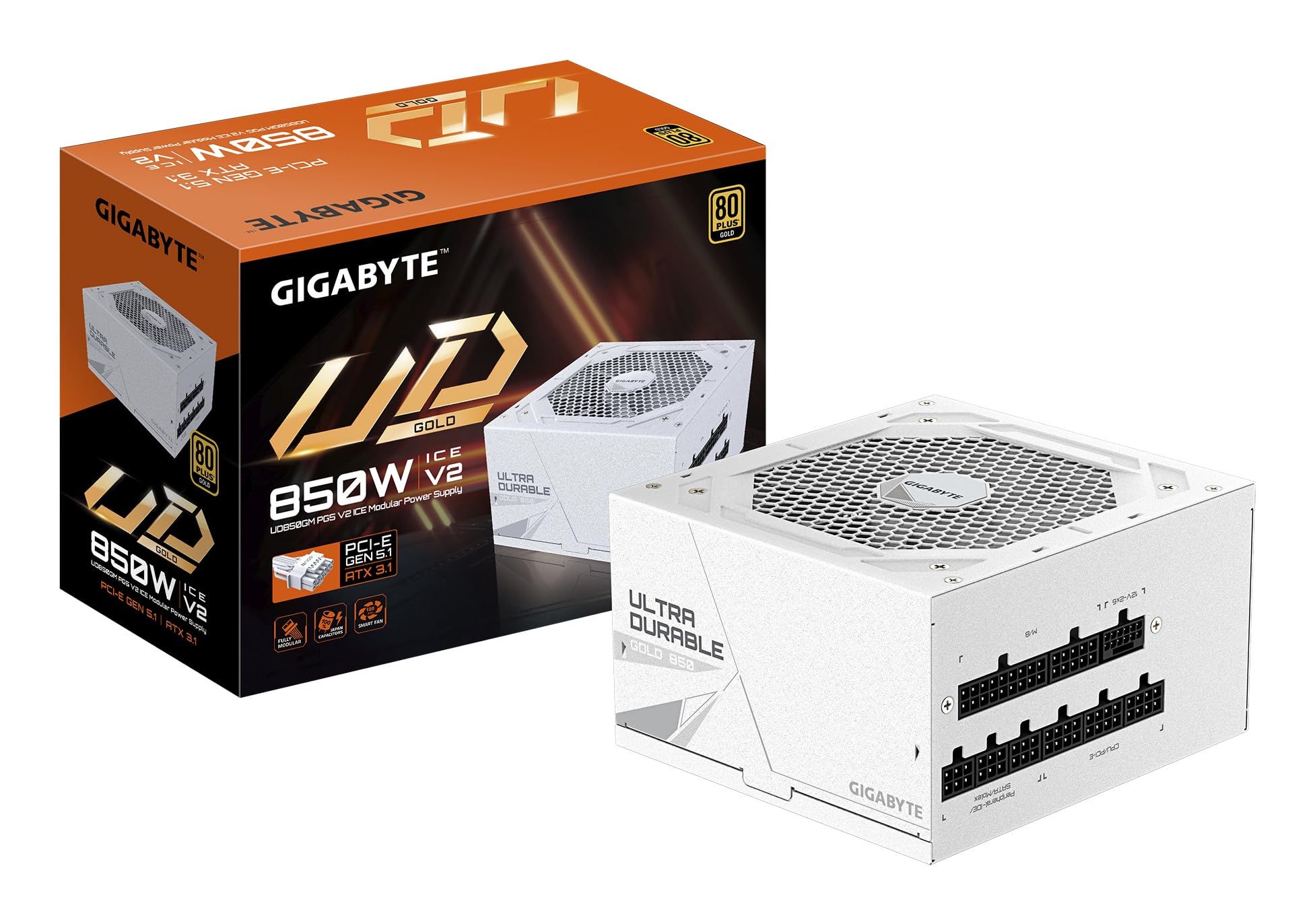 Gigabyte Ud850Gm Pg5 V2 Ice Power Supply Unit- Pcie Gen 5.1, 80 Plus Gold, Fully Modular Design, 120Mm Fan, Atx 3.1 Compatible, Uk Plug