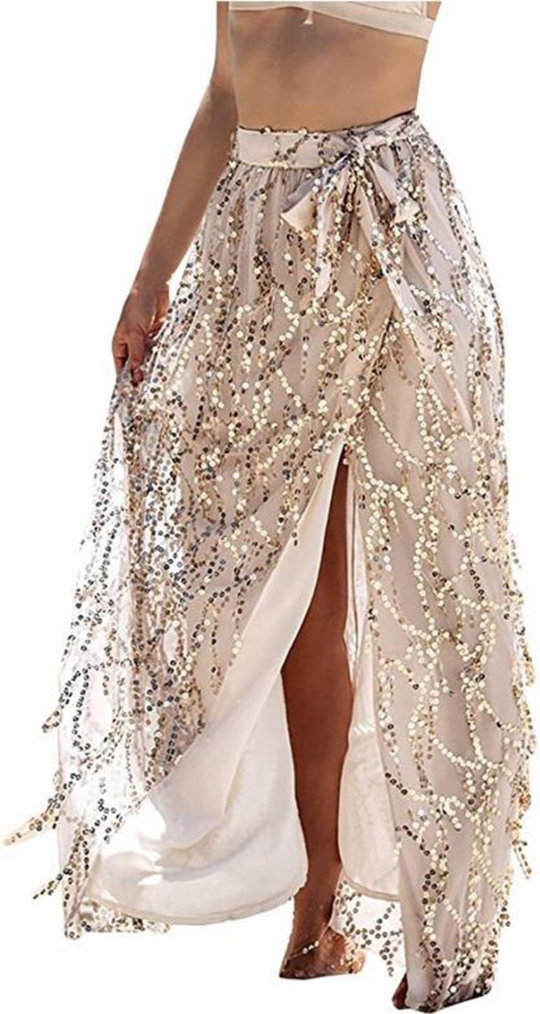 Arrowhunt Women's Elastic High Waist Sequins Split Party Clubwear Beach Maxi Skirts