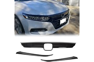 ECOTRIC Front Grille & Eyelid Cover Set Compatible With 2018-2020 Honda 10th Accord Sedan 4DR ABS Glossy Black Lip Bumper Upp