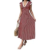 Milumia Women's Polka Dots Lace Trim Deep V Neck Dress Short Sleeve Flared Long Dresses