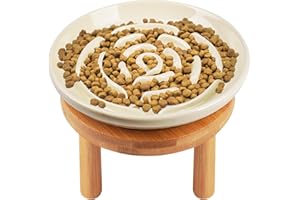 LFPKIXISE Elevated Slow Feeder Cat Bowls, Ceramic Cat Slower Feeding Bowl with Bamboo Stand, 5.9 Inch Wide Shallow Cats Bowls Whisker Friendly, Anti Vomiting Cats Slow Feeder for Dry or Wet Food Dishwasher Safe