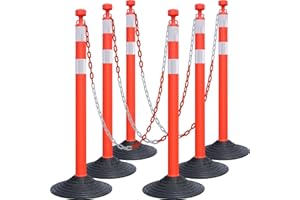 ORANLITE 6-Set Pack 40" inch Red White Work Zone Chain Post Set, Traffic Delineator Post Cones, 6 x 6.6' Feet Plastic Chains, Portable Crowd Control Stanchion Set (Red-Rubber Base)