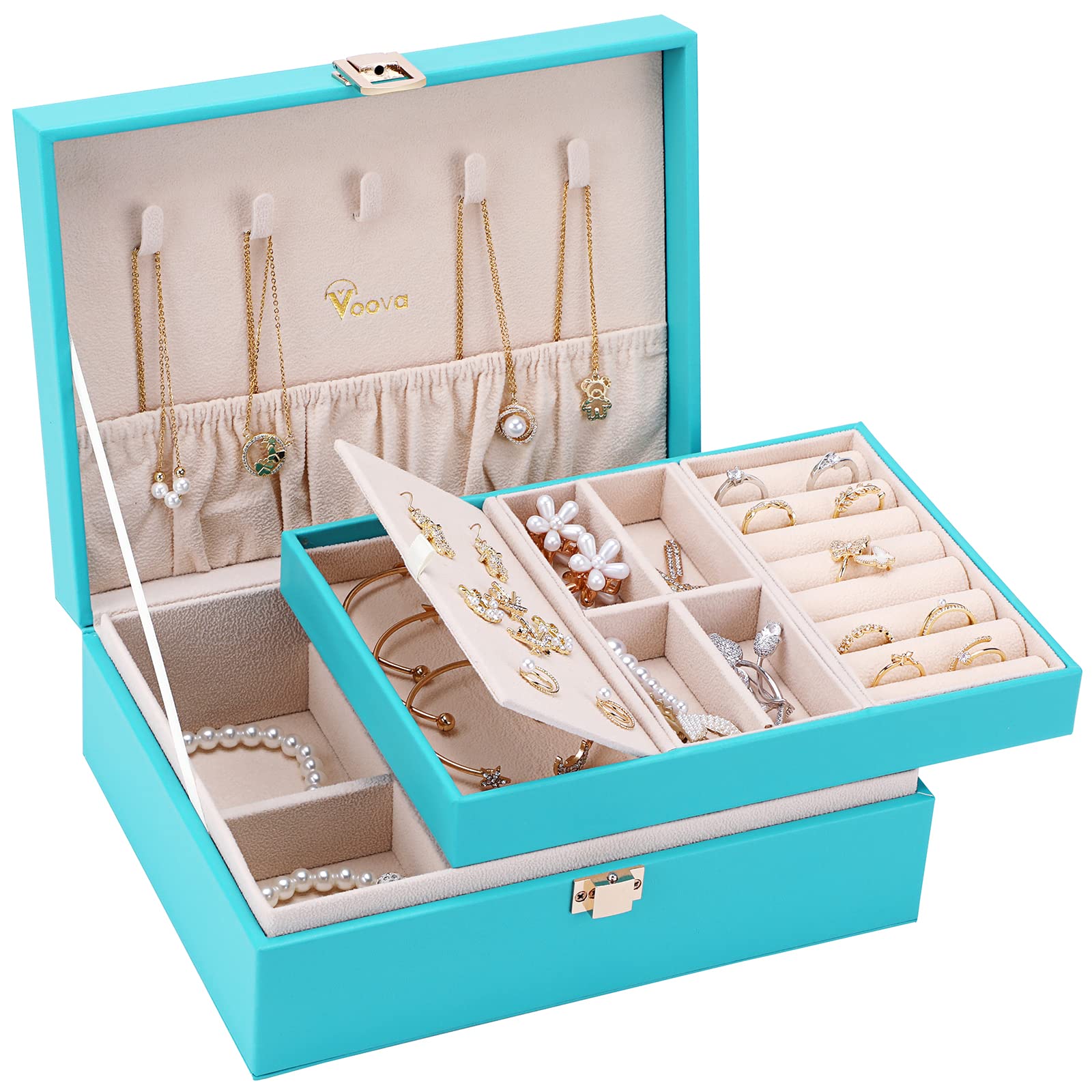 Voova Jewellery Box Organiser for Women Girls, 2 Layers Large Jewelry Storage Case, PU Leather jewlerrying Display Holder with Removable Tray for Necklace Earrings Rings Bracelets, Gifts, Teal