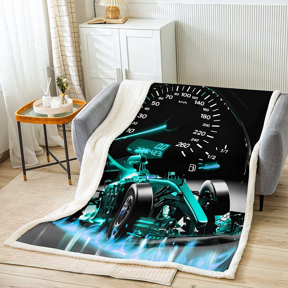 Loussiesd Sports Car Fleece Throw Blanket Formula Race Car Sherpa Blanket for Kids Boys Girls Extreme Sports Plush Blanket Cool Speed Teal Blue Fuzzy Blanket for Sofa Bed Baby 30"x40"